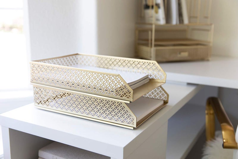 BLU MONACO | Paper Tray Stackable Gold Set of 2 | Stackable File Trays for Desk Organization | Tiered Desk Organizer with Metal Letter Trays - Image 4
